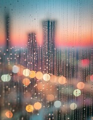 Wall Mural - A close-up of raindrops on a window with the cityscape in the background blurred into colorful bokeh lights
