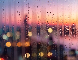 Wall Mural - A close-up of raindrops on a window with the cityscape in the background blurred into colorful bokeh lights