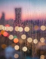 Wall Mural - A close-up of raindrops on a window with the cityscape in the background blurred into colorful bokeh lights
