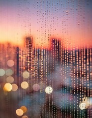 Wall Mural - A close-up of raindrops on a window with the cityscape in the background blurred into colorful bokeh lights