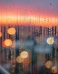 Wall Mural - A close-up of raindrops on a window with the cityscape in the background blurred into colorful bokeh lights