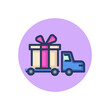 Truck carrying gift line icon. Present box, ribbon and bow, surprise outline sign. Delivery, shipping, cargo concept. Vector illustration, symbol element for web design and apps