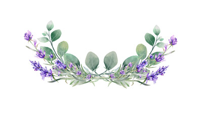 Canvas Print - Arrangement of lavender flower and eucalyptus leaves in watercolor on transparent background. Watercolor bouquet for invitations, greeting and wedding cards