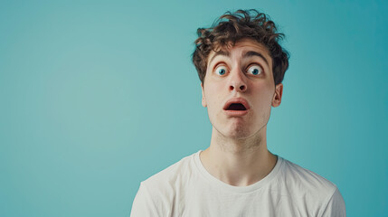 Wall Mural - Young man with a shocked surprised expression. Isolated on pastel blue background