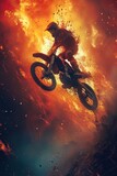 Fototapeta  - Motocross rider jumping over rocks in the mountains at sunset. Generative AI.