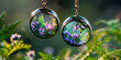 Beautiful colorful flower Handmade earrings crystal ball green plants with flowers in garden background