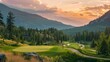 © yuchen - Tranquil golf course nestled amidst picturesque mountains and lush forests, fairways meandering through the landscape