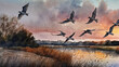 © Abdullah - A watercolor painting of a flock of birds flying-over-a-rive