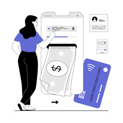 Wall Mural - Mobile banking, online payment concept, money transfers. Woman make online transaction using money transfer in app. Vector illustration with line people for web design.