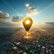 Golden pin icon on hovering or floating on center with city background, investing in real estate and land to create returns concept, demand for purchasing land in a good location
