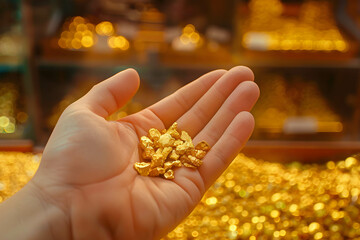 Wall Mural - Hand holding gold nugget, the background is gold shop, discovery of gold and the increasing demand or supply for gold, the increase in the price of gold