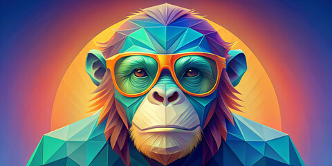 a brightly colored, geometric depiction of an orangutan with yellow-rimmed glasses. the use of brigh