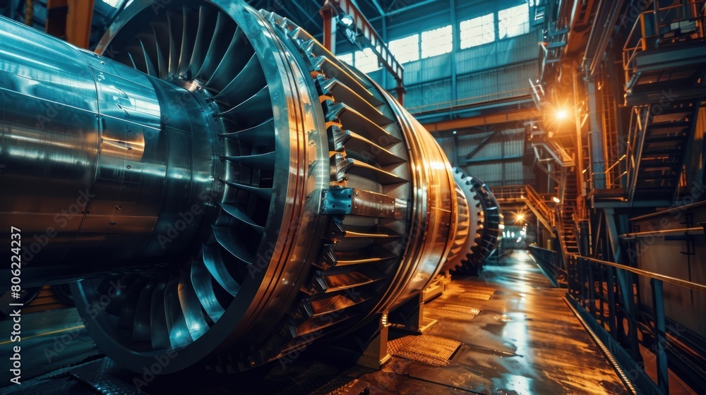 The internal rotor of a steam turbine, captured in a workshop setting ...