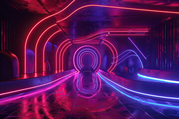 Wall Mural - 3d render, laser show, night club interior lights, red blue neon, abstract fluorescent background, glowing curvy lines, geometric shapes