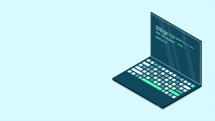 Isometric laptop animation. 3d isometric laptop computer. Abstract programming language and program code on a laptop screen. 4K video animated in isometric style