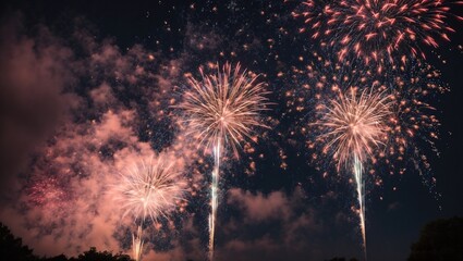 Beautiful colorful fireworks on sky with american flags 4 July, Independence day, labor day, Memorial or Veterans Day