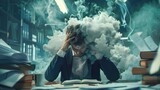 Fototapeta Na sufit - A sea of unfinished tasks, the businessman struggles to keep his head above water. Smoke rises from his frazzled mind, a warning sign of impending burnout
