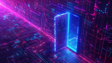 New opportunities isometric landing page. Binary digital code coming through open door on neon glowing futuristic background. New technologies coming to human life, high-tech 3d vector illustration