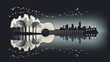Silhouette of Acoustic Guitar Merging with Surreal Cityscape and Nature Reflection.
