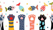 Seamless bordercolored cat paws and fish.Vector illustration. 