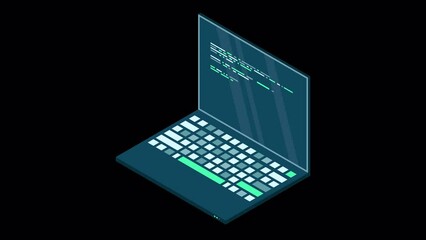 Wall Mural - Isometric laptop animation. 3d isometric laptop computer. Abstract programming language and program code on a laptop screen. Transparent background with alpha channel