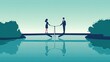 Illustrating the cooperation concept through a vector image of a businessman and businesswoman connecting a bridge with a missing part, symbolizing collaboration and teamwork.