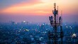 © Khalida - Integrating antenna communication technology with a city background to showcase communication towers connecting to smart city data, emphasizing telecommunication and digital transformation.