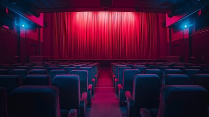 Presenting a dimly lit empty movie theater and stage, with red curtains drawn, observed from the rear over rows of unoccupied seats.