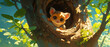 A miniature mouse lemur peeking out from a tree hollow in Madagascar, cute animal illustration