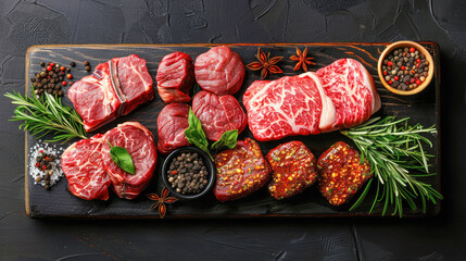 Wall Mural - Fresh raw meat on slate black board top view. Variety of beef steak, spices, seasoning for cooking, grilling, black angus prime, striploin, ribeye, sirloin.