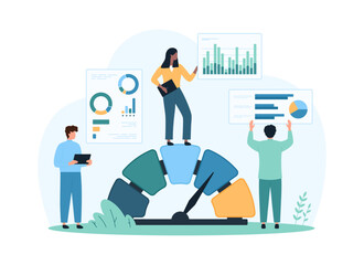 strategic analysis of business product in benchmark performance. tiny people compare metrics report 