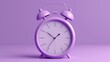 Showcasing a 3D illustration of a purple twin bell alarm clock suspended in mid-air, isolated against a purple background.