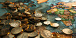 Close Up Photography World Continents Money or Finance Concept with Golden Coins