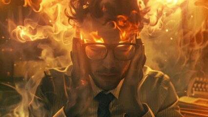 Wall Mural - A depressed office man appears on the screen with a laptop in a state of confusion or contemplation while smoke or steam floats above him. mentally ill man stress and anxiety