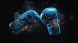 A pair of blue boxing gloves with smoke and sparks.