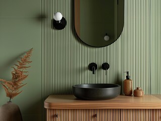 Ensuite green bathroom with wall-mounted wooden vanity, black sink and pill-shaped mirrors. Modern and luxurious decoration.