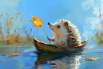 An enchanting hedgehog sails on a leaf boat under a clear blue sky, whimsically holding a bright autumn leaf