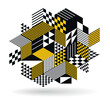 Black and yellow geometric vector abstract background with cubes and shapes, isometric 3D abstraction art displaying city buildings forms look like, op art optical illusion.