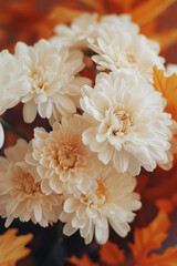 Sticker - A bouquet of white flowers with orange leaves in the background