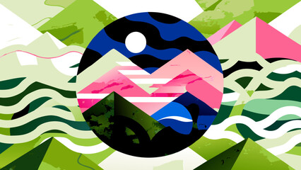 Wall Mural - Abstract Landscape Circle with Mountains, Sun, and Waves