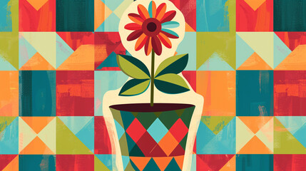 Wall Mural - A retro-style clip art of a flower pot, with a geometric pattern and vibrant colors.