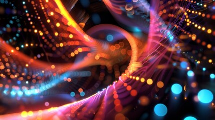 Abstract vortex with vibrant light trails. Glowing particles and dynamic swirls in an array of intense colors, ideal for tech backgrounds, futuristic designs, or visual effects in multimedia projects.
