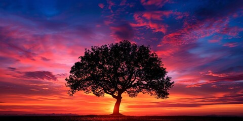 Wall Mural - Solitary tree silhouette against a vivid sunset sky