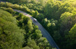 white bus on Road in beautiful summer forest aerial.