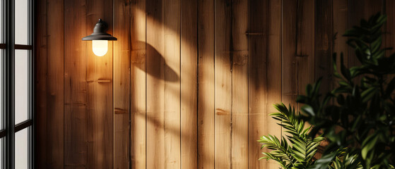 Poster - Modern wooden entrance hallway room, with lamp, floor lamp, spotlight. Warm Overlay shadow light effect.Loft interior design mockup,template. Generative ai