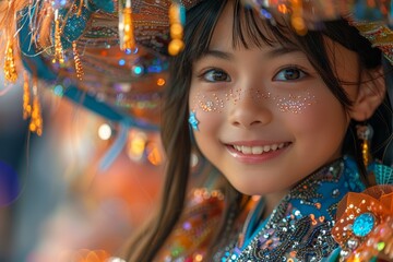 adorable little long hair Asian female girl friends wearing party witch hats on their heads are smiling happily together at a party.