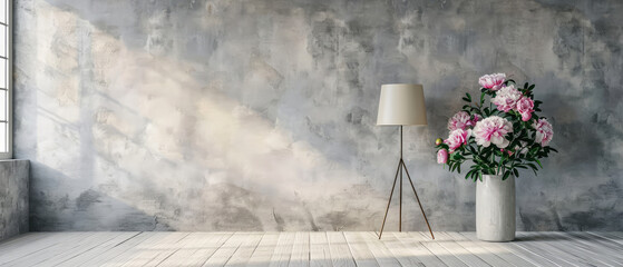 Poster - Modern, contemporary interior mockup with lamp, floor lamp, peonies bouquet flowers, furniture. Overlay shadow light effect. Apartment with empty wall. Generative ai