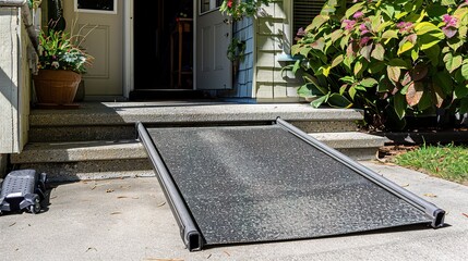 Poster - Close-up of wheelchair-accessible home entrance, ramp with anti-slip surface, wide doorway, clear path