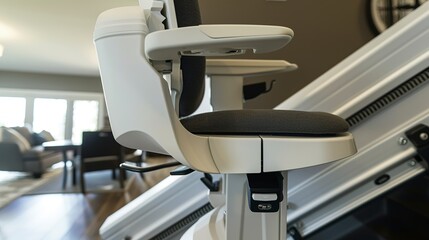 Poster - Close-up of stair lift in a home, side view, sleek design, safety features prominently displayed