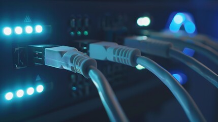 Canvas Print - Network switch with Ethernet cables plugged in, close-up, LED indicators flashing, dark background with blue lights 